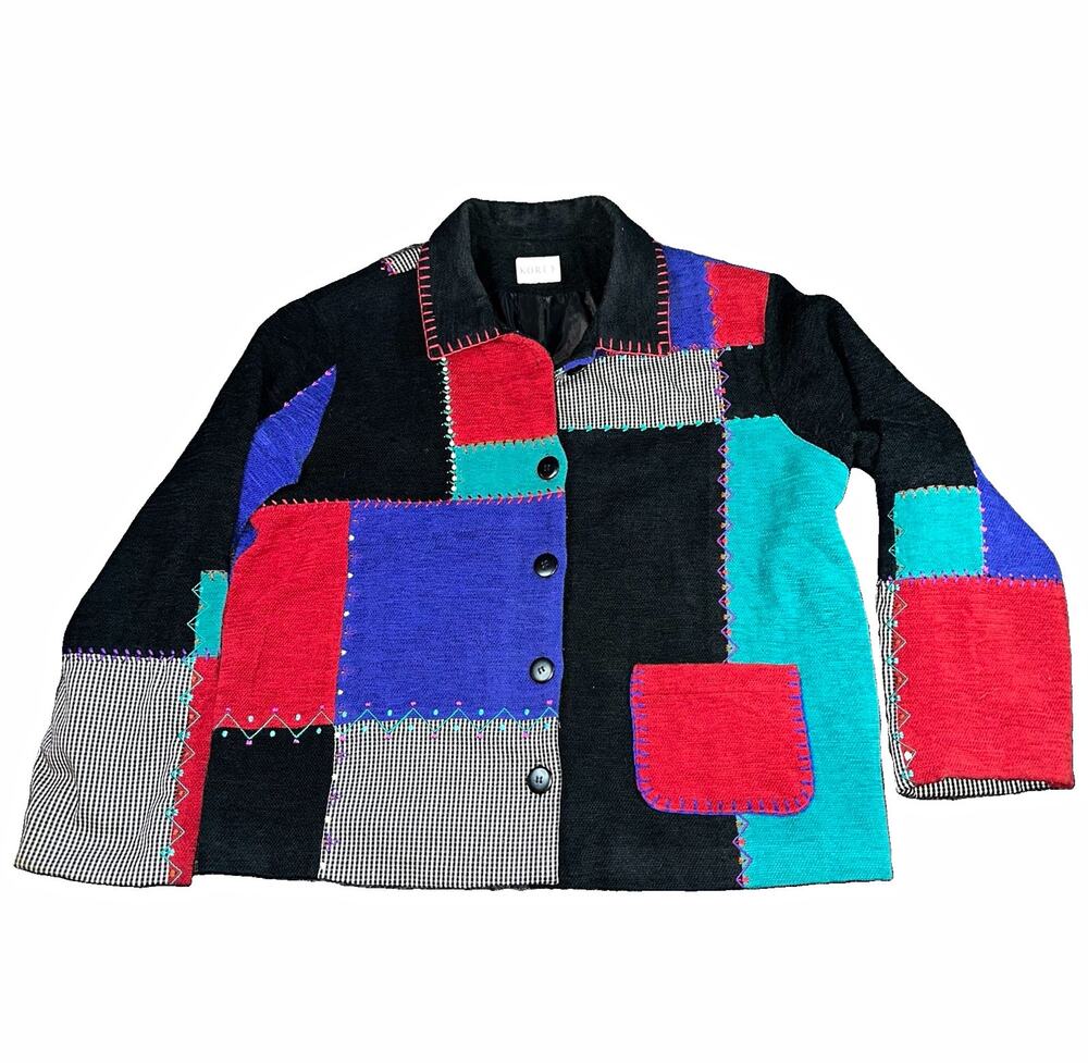 Vintage 90s Patchwork Jacket Womens Large L Colorblock Embroidered Plantex VTG